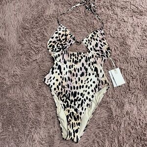 GOOD American Ruched Halter One-Piece Swimsuit in Cheetah Rose Print